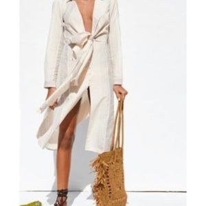 Zara V Neck Tie Front Midi Shirt Dress Top Boho Beachy Coastal Chic NEW Small